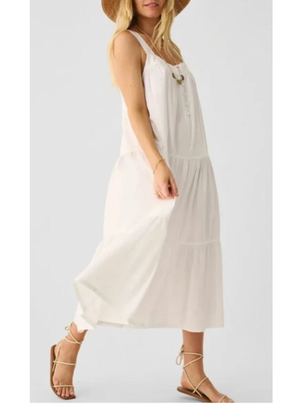 Faherty White Seersucker Tiered Midi Dress Sleeveless Women's Size Small